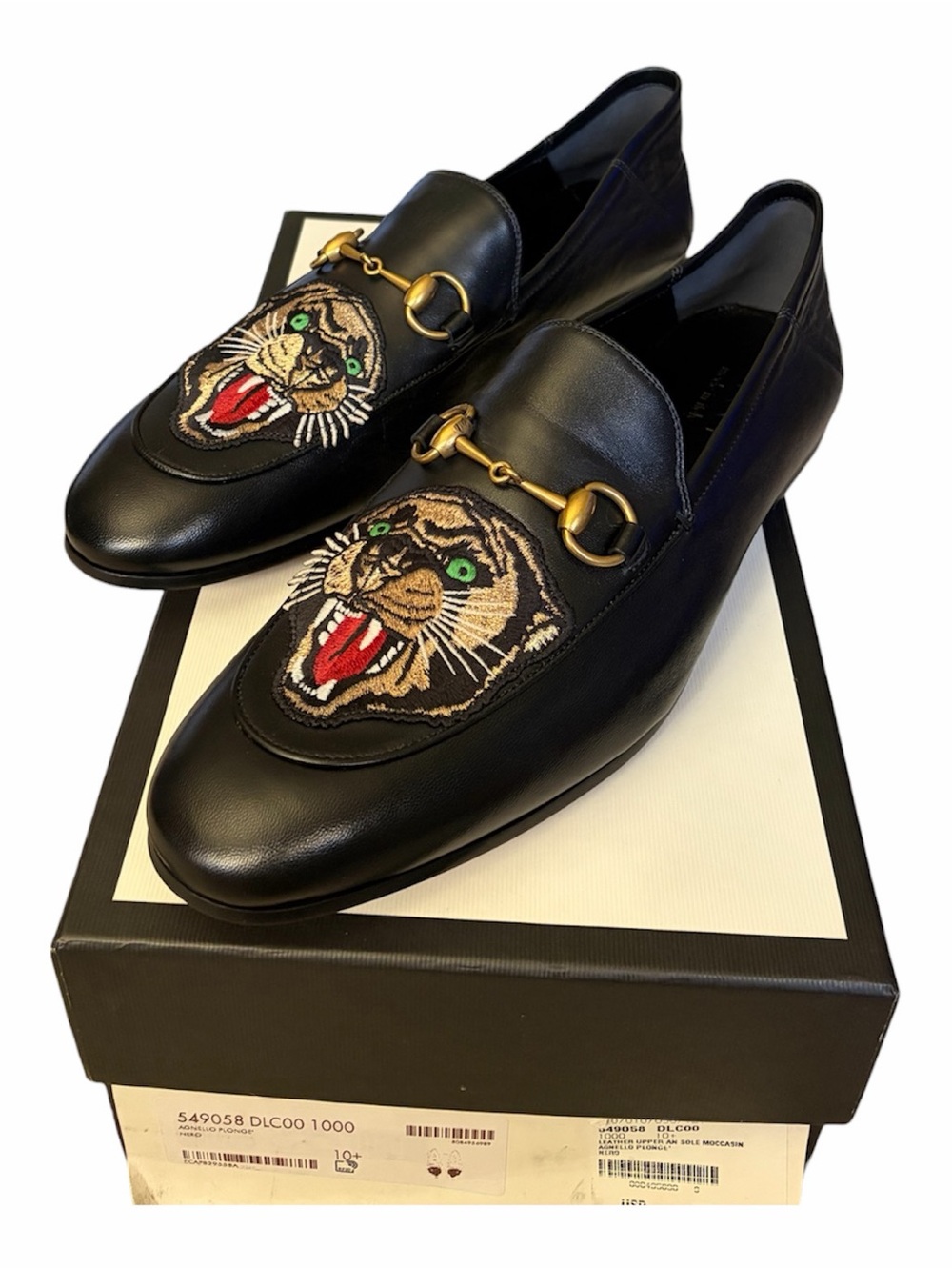 Gucci Black Leather Horsebit Loafers with Embroidered Tiger size 10.5